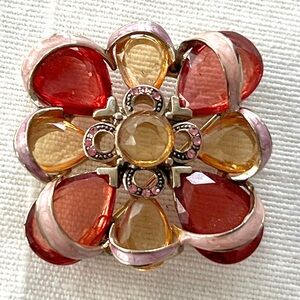 Vintage Signed Monet Floral Brooch  Red & Amber Teardrop Cabochons Gold Pin